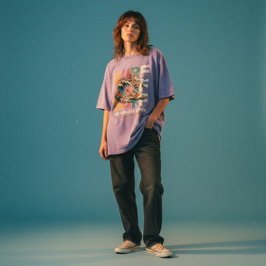 Women's Bare Bones heavyweight cotton snow washed t-shirt by Threads 626, showing a relaxed fit and soft, textured fabric.