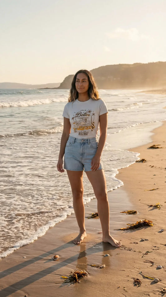 Women's Life Is Better Surfin t-shirt by Threads 626 featuring a fitted crewneck design with surf-inspired graphics.