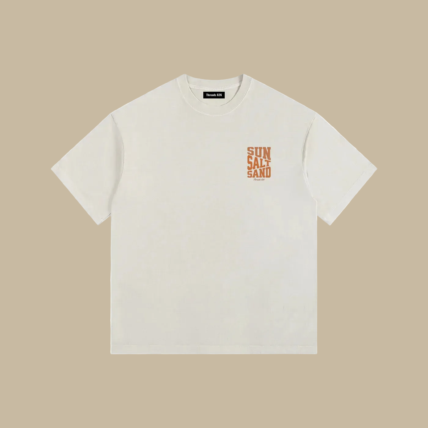 Men's vintage washed oversized cotton t-shirt by Threads 626 featuring sun, salt, and sand design, casual beach-inspired style.