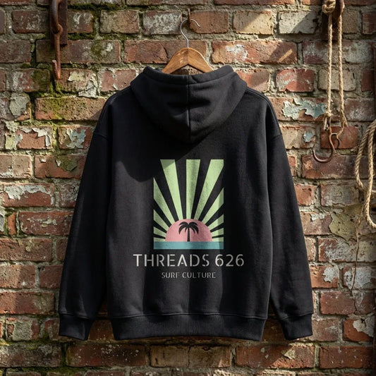 Womenโs Surf Culture thick fleece hoodie by Threads 626, in rustic color, shown displayed with details of the cozy, warm hoodie style.