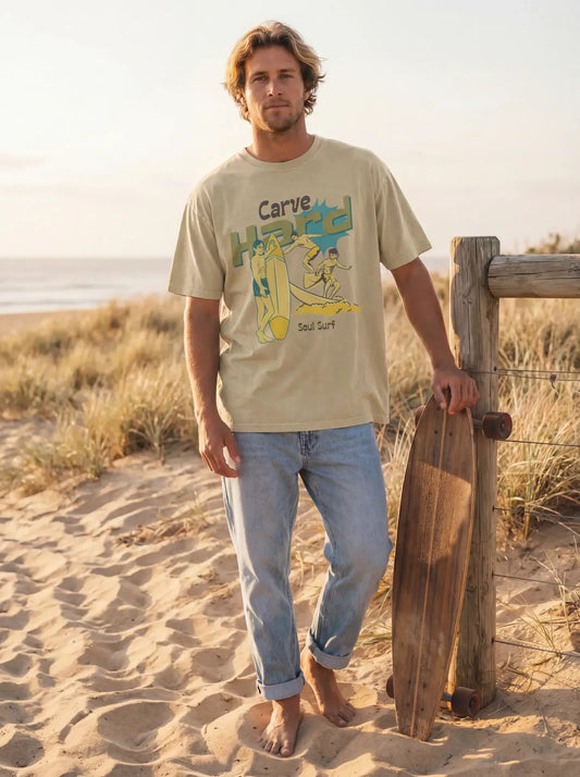 Men's Carve Harder heavyweight snow washed T-shirt by Threads 626, featuring a relaxed fit and distressed snow wash fabric.