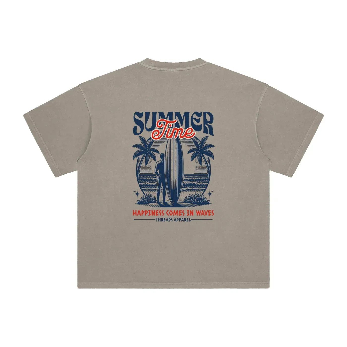 Men's Happiness Comes In Waves enzyme-washed cotton t-shirt by Threads 626, featuring a relaxed fit and soft fabric.