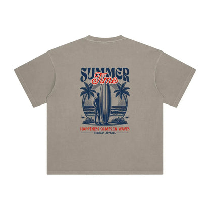 Men's Happiness Comes In Waves enzyme-washed cotton t-shirt by Threads 626, featuring a relaxed fit and soft fabric.