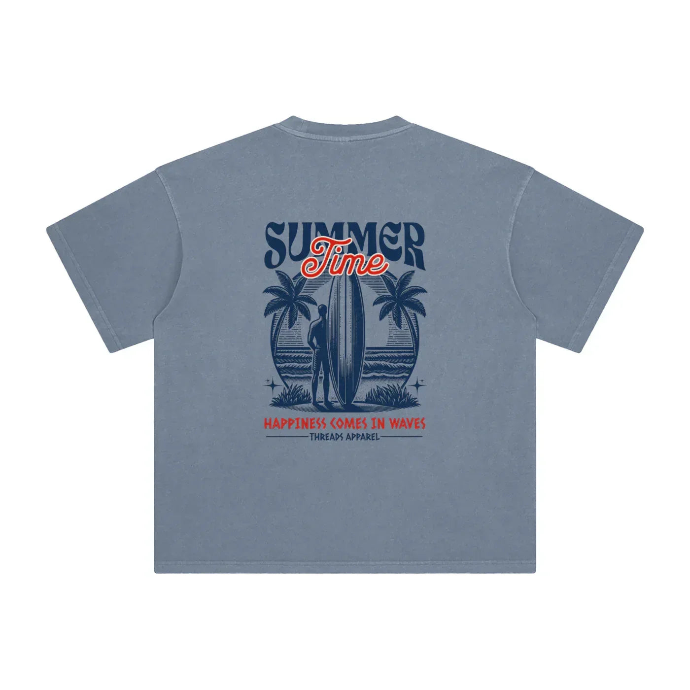 Men's Happiness Comes In Waves enzyme washed cotton t-shirt by Threads 626, featuring a relaxed fit and soft fabric.