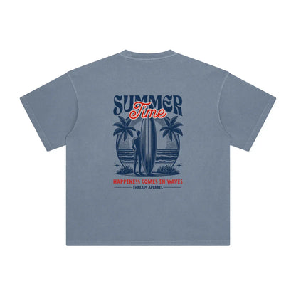 Men's Happiness Comes In Waves enzyme washed cotton t-shirt by Threads 626, featuring a relaxed fit and soft fabric.