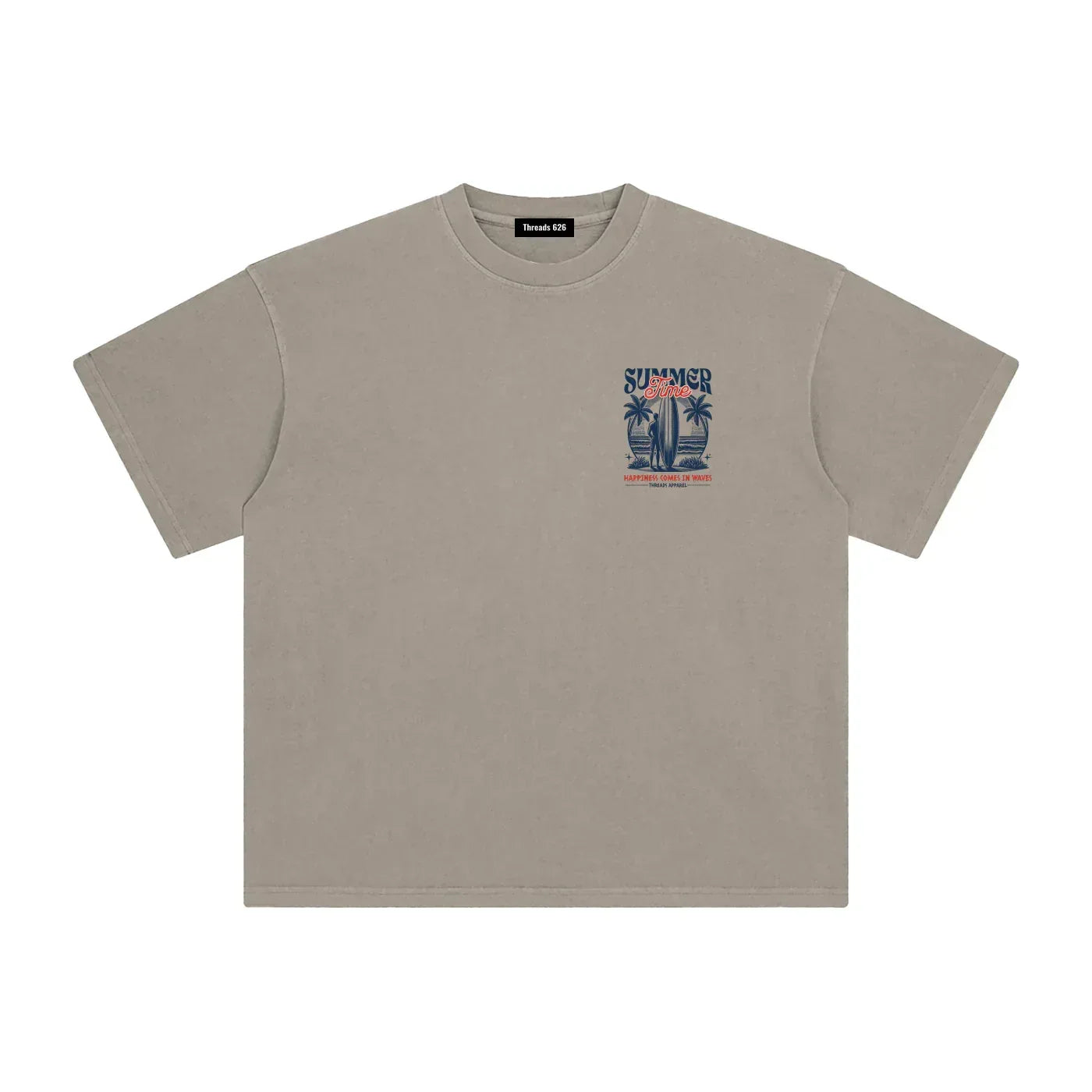 Men's Happiness Comes In Waves enzyme washed cotton t-shirt by Threads 626, featuring a relaxed fit and soft fabric.