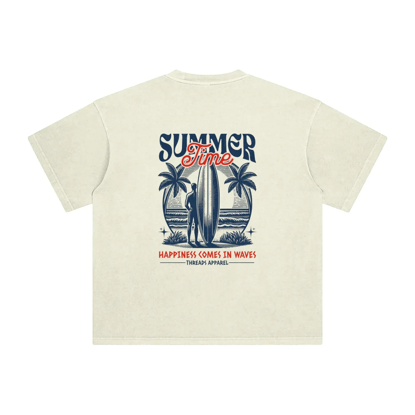 Men's Happiness Comes In Waves enzyme washed cotton t-shirt by Threads 626, showing a relaxed fit and soft fabric texture.