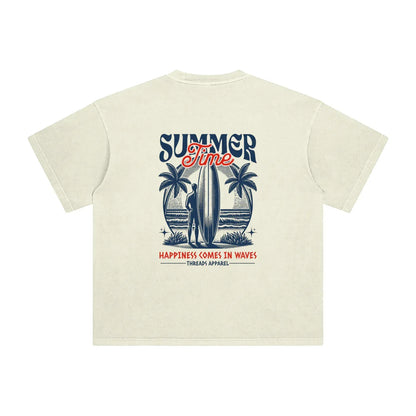 Men's Happiness Comes In Waves enzyme washed cotton t-shirt by Threads 626, showing a relaxed fit and soft fabric texture.