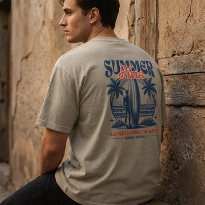 Men's Happiness Comes In Waves enzyme-washed cotton t-shirt by Threads 626, styled on a model, side view showing relaxed fit and fabric texture.